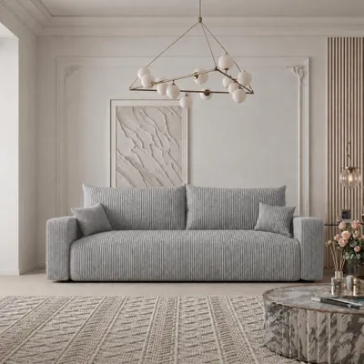 Produktbild von Schlafsofa Castelo Poso 110 Hellgrau Cord mit Schlaffunktion und Bettkasten Couch