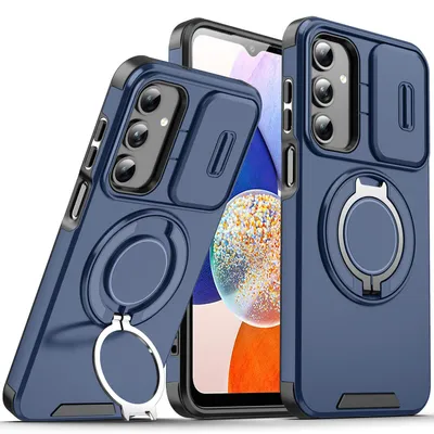 Obrázek produktu pro Dvouvrstvé pouzdro pro Samsung Galaxy A14 5G/4G, s posuvným krytem fotoaparátu a magnetickým kroužkovým stojánkem Modrý