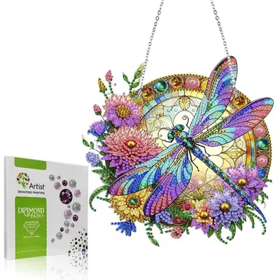 Image de Kit de peinture diamant pour décoration de fenêtre, motif fleurs et libellules, dimensions 20x20 cm, double face, avec chaîne