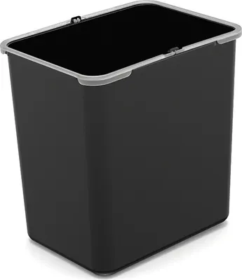 A black trash can with a gray rim is shown against a white background.