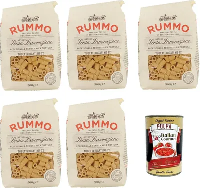 Produktbild von Rummo Tubetti rigati n° 72 Pasta Lenta Lavorazione Teigwaren aus Hartweizengrieß Bronze-Zeichnung 5x 500g + Italian Gourmet polpa 400g