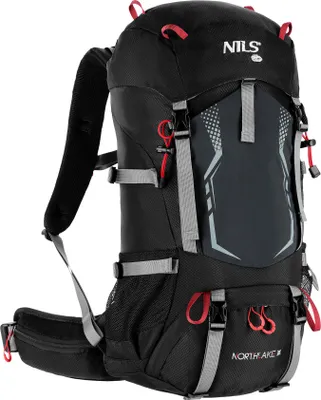 A black hiking backpack with gray and red accents, shown against a white background.