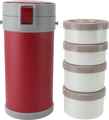 Image de Jarre isotherme 2.9L en acier inoxydable 304, résistante aux micro-ondes, étanche aux fuites, empilable, avec poignée à courroie Jarre isotherme sous vide pour l'école et le bureau Rouge