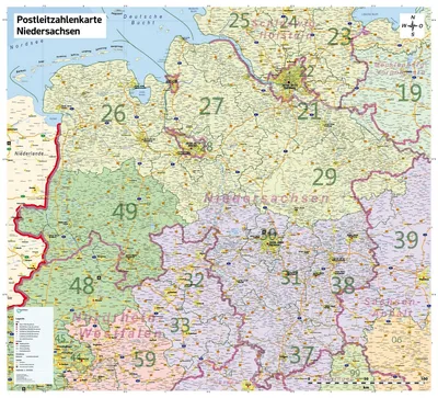 Produktbild von ​XL Postleitzahlenkarte von Niedersachsen mit Laminierung, Wandkarte, 100 cm x 110 cm