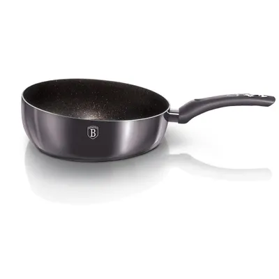 A black wok pan with a gray handle is shown on a white background.