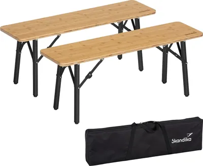 Two wooden benches and a black carrying bag are shown against a white background.