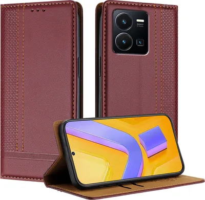 Produktbild von Handyhülle für Vivo Y35 4G Leder Flip Klappbare Schutzhülle mit Standfunktion Dunkelrot