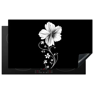 Produktbild von KitchenYeah© Herdabdeckplatte Blume - Schwarz - Weiß , 90x52cm, Küche Deko, Glaskeramikkochfeld Herdabdeckung, Abdeckplatte fùr Kochfeld