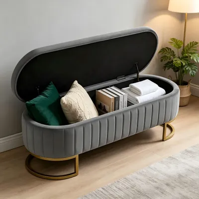 Produktbild von okwish Multifunktional Sitzbank mit Stauraum, Bettbank mit Goldene Metallfüße, Polsterbank Sitztruhe,Für Schlafzimmer, Hellgrau