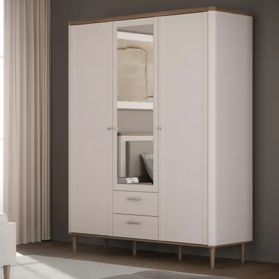 Produktbild von Forte LACETTI Kleiderschrank 160, eleganter Schrank mit Spiegel, 3-türig, 2 Schubladen, hohe Beine, Holzwerkstoff, Kaschmir|Beige|Valencia Eiche Holzdekor,159,8 cm breit x 200,5 cm hoch x 52,7 cm tief