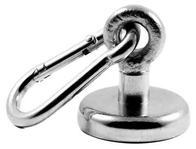 Produktbild von Neodym N35 Ösenmagnet mit Karabiner 36 mm Ø | Haltekraft 41 Kilogramm