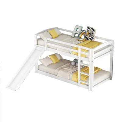 Produktbild von Etagenbett mit 2 Schlafgelegenheiten, Rutsche und Lattenrost, 90x200 cm, Kinderbett inkl. Rausfallschutz, Kiefer
