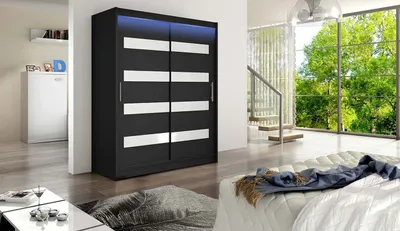 Obrázek produktu pro Šatní skříň 150 cm s lakovaným sklem a LED osvětlením ELADIO 4 - černá / bílá