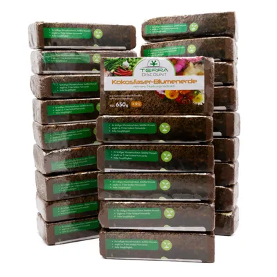Produktbild von Kokosfaserhumus 24x650 g – ergibt ca. 216 L Blumenerde – Kokoserde Ziegel gepresst – torffreie Anzuchterde für Pflanzen, Kräuter & Gemüse