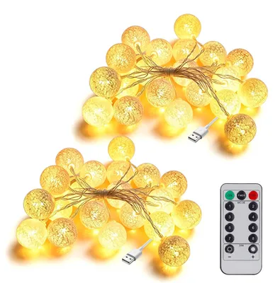Lichterkette mit 20 Baumwollbällen, 3 m, USB, Fernbedienung, weiß