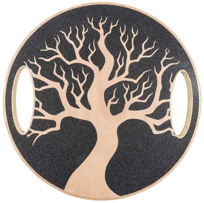 A round balance board with a tree design.