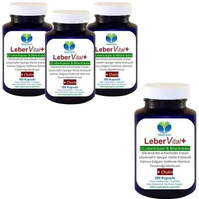 Produktbild von LEBER Vital Komplex Leberkapseln 720 (4x180) Kapseln 12 Kräuter & Bitterstoffe mit Löwenzahn, Artischocke, Mariendistel + CHOLIN ohne Zusatzstoffe.
