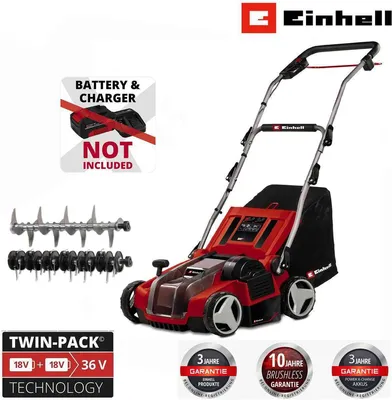 A product image of a red and black Einhell lawn scarifier/aerator, with accessories and marketing text overlays.