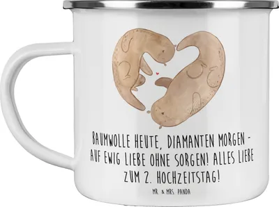 Produktbild von Mr. & Mrs. Panda Teetasse 2. Hochzeitstag Baumwollhochzeit - Weiß - Geschenk, Heirat, becher emaille, Teebecher, feiern, romantisch, Pott, Heiraten, Jubiläum, Alles Liebe