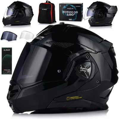 A collage of a black motorcycle helmet and its accessories, including a storage bag and spare visors.