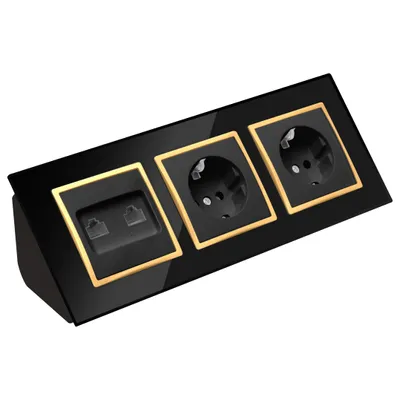 Produktbild von Glas Ecksteckdose 3-fach Steckdose 2xRJ45 Steckdosenblock 45° Verteilerdose schwarz mit goldenem Rand.