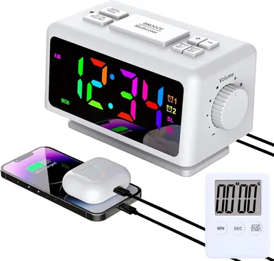 Produktbild von Großer RGB-Farbwecker, ewiger Kalender, FM-Radio, Digitaluhr, automatische Helligkeitsanpassung, USB-Stromausgang