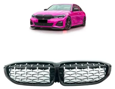 Immagine prodotto di Griglia anteriore a nido d'ape con motivo a rombi, nera lucida e cromata, versione sportiva, compatibile con BMW Serie 3 G20 G21