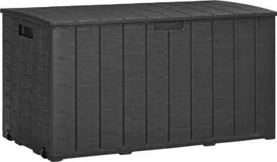 Produktbild von Gartenbox 366 Liter aus Kunststoff doppelwandiger Wasserdicht Kissenbox mit Rollen Griffmulden Holzoptik