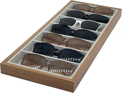 Produktbild von Holz Vorlagebrett für 7 Brillen Brillenkoffer Brillentablett Brillenpräsentation Brillenaufbewahrung Brillenbox Brillendisplay Vorzeigetablett Vorlagetablett