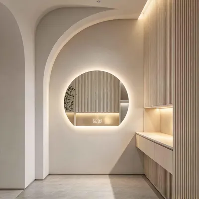 Immagine prodotto di Specchio da bagno LED Zimilo con illuminazione, specchio rotondo da parete, 50x43 cm, con controllo touch, dimmerabile, tre tonalità di luce, antiappannamento, antideflagrante, ideale per il bagno