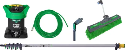 A set of cleaning equipment, including a water purification system, hose, brush head, and extension pole, arranged on a white background.