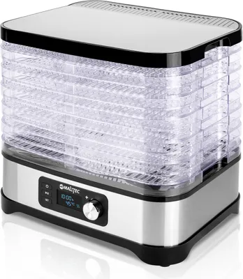 A multi-tiered food dehydrator with a digital display and control knob.