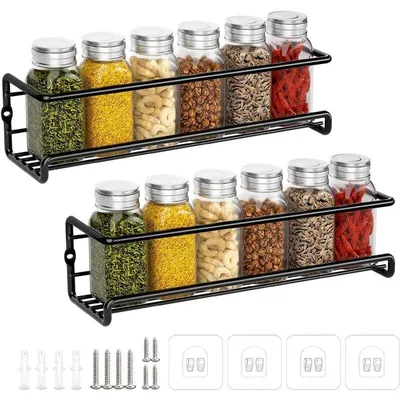 Produktbild von Gewürzregal für die Küche, Metall-Gewürzregal ohne Bohren, Wandmontiertes Gewürzregal für die Küche, Gewürzhalter für Gewürzgläser, Küchenschrankzubehör, 29 x 6 x 6 cm (Schwarz, 2 Stück)