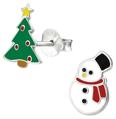 Produktbild von Weihnachtsohrringe: Silber Ohrstecker „Tannenbaum und Schneemann“ für Damen und Kinder