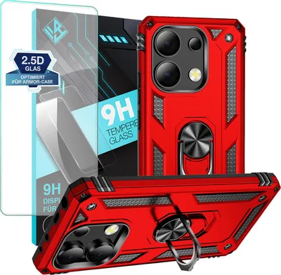 Produktbild von Armor Outdoor Handyhülle für Xiaomi Redmi Note 13  Handy Panzer Case Schutzhülle mit 9H Displayglas Displayschutz Farbe: Rot