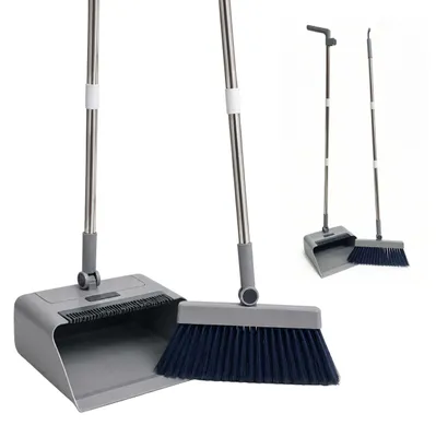 Produktbild von Relaxdays Besen und Kehrschaufel Set, 2 in 1 Kehrgarnitur langer Stiel, 180 grad drehbar, Stehkehrset, Edelstahl, grau