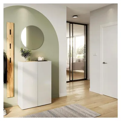 Produktbild von Garderobe Flurgarderobe in Weiß mit Eiche 2-teilig Schuhschrank 74 cm Breite grifflos runder Spiegel Paneel 3 Kleiderhaken