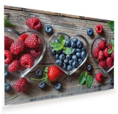 Produktbild von Glasbild 90x60cm in XXL für Wohnzimmer, Schlafzimmer Motiv Herzschalen Beeren