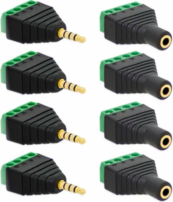 Produktbild von 4X Klinken Buchsen + 4X Stecker 3,5mm Adapter > Terminalblock 4 Pin Schraub Klemme Set