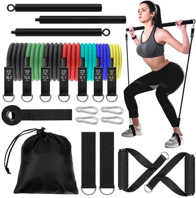 Productafbeelding van Ibenzoa® Complete Fitnessband-set – 7 banden met verstelbare Pilatesstangen, 6 weerstandsniveaus (10 kg, 15 lbs, 20 kg, 15 kg, 30 lbs, 40 lbs), deuropzetstukken, handgrepen en voetlussen voor heren