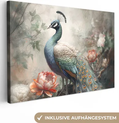 Produktbild von MuchoWow® - Leinwandbilder - Pfau - Pfauenfedern - Vogel - Dschungel - Blumen, Wandbild, Wanddeko Bilder Wohnzimmer, 90x60 cm