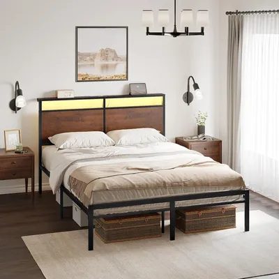 Produktbild von FABATO Bettgestell 140x200 cm mit Kopfteil, integrierter LED-Beleuchtung & Steckdosen – ohne Boxspring nötig, geräuschfrei und leicht zu montieren
