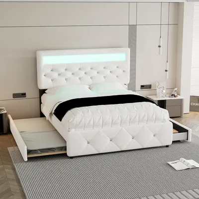Productafbeelding van Gestoffeerd bed - 140 x 200 cm, wit, linnen en MDF, met lades, verstelbaar hoofdeinde, beklede bedbodem voor de slaapkamer