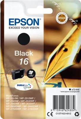 Zdjęcie produktu dla Epson 16 - 5,4 ml - Czarny - Oryginalny - Wkład atramentowy - do WorkForce WF-2010, 2510, 2520, 2530, 2540, 2630, 2650, 2660, 2750, 2760