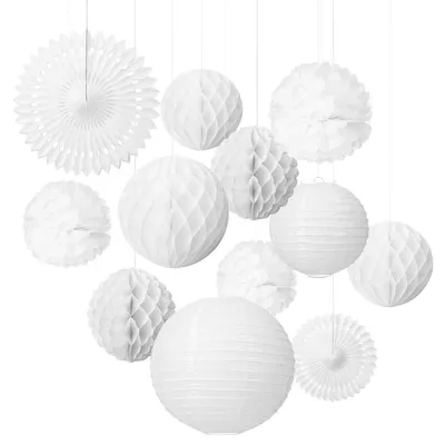 Produktbild von Papierlaterne Papierfächer Pompon Wabenkugel Dekoration - 12 Stück - Weiß - Wiederverwendbar, für Hochzeit und Geburtstag
