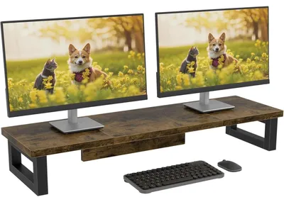 Obrázek produktu pro Stojan na monitory pro 2 monitory, rozměry 91 x 26 x 12,5 cm, materiál: dřevo, MDF, ocel, barva: bílá