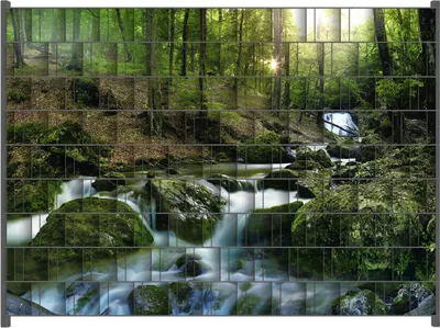 Produktbild von Wallario Zaunsichtschutz mit Motiv Fließender Bach im Wald bei Sonnenuntergang für Ein- und Doppelstabmatten Zäune in der Größe 250 x 180 cm