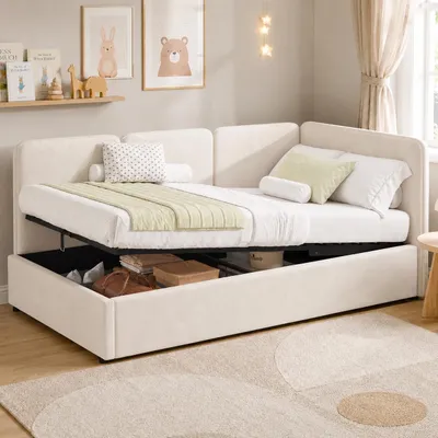 Produktbild von Merax Daybett Polsterbett 90x200cm mit hydraulischem Stauraum, Tagesbett Seiten links/rechts montierbar, Gästebett mit Lattenrost, Samt Beige
