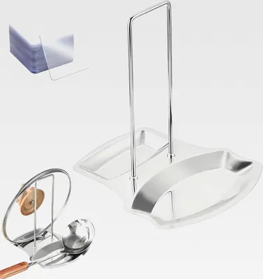 Produktbild von Topfdeckelhalter und Löffelablage in Einem, mit 10 Stück Entfernbarespurlos Doppelseitiges Klebeband, Leicht zu Reinigen Deckelhalter, Robust Topfdeckel Organizer (Silber)