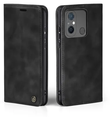 A black flip case for a smartphone is shown from two angles.